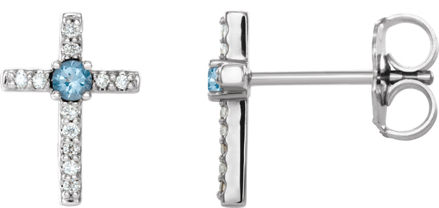 Platinum Round Natural Aquamarine Accented Cross Earrings – 1.5-2mm Stones
