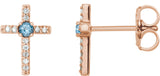 14K Gold Round Natural Aquamarine Accented Cross Earrings – 1.5-2mm Stones - Rose Gold