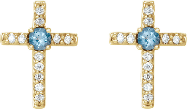 14K Gold Round Natural Aquamarine Accented Cross Earrings – 1.5-2mm Stones - Yellow Gold - view 2