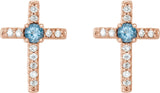 14K Gold Round Natural Aquamarine Accented Cross Earrings – 1.5-2mm Stones - Rose Gold - view 2