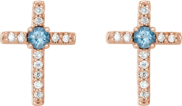 14K Gold Round Natural Aquamarine Accented Cross Earrings – 1.5-2mm Stones - Rose Gold - view 2