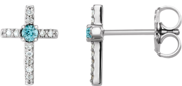 Platinum Round Natural Blue Zircon Accented Cross Earrings – 1.5-2mm Stones