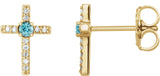 14K Gold Round Natural Blue Zircon Accented Cross Earrings – 1.5-2mm Stones - Yellow Gold