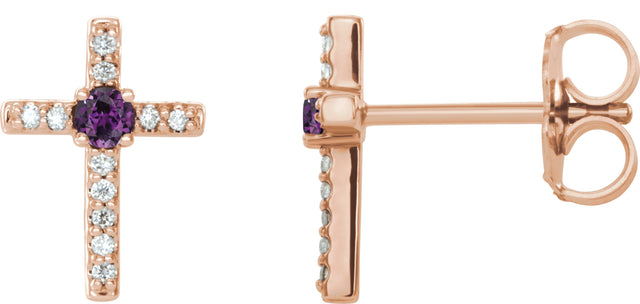 14K Gold Round Lab-Grown Alexandrite Accented Cross Earrings - Rose Gold