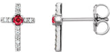 Platinum Round Lab-Grown Ruby Accented Cross Earrings