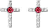 14K Gold Round Natural Ruby Accented Cross Earrings – 1.5-2mm Stones - White Gold - view 2