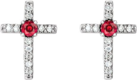 Platinum Round Lab-Grown Ruby Accented Cross Earrings - view 2