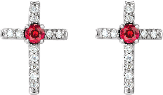 Platinum Round Lab-Grown Ruby Accented Cross Earrings - view 2