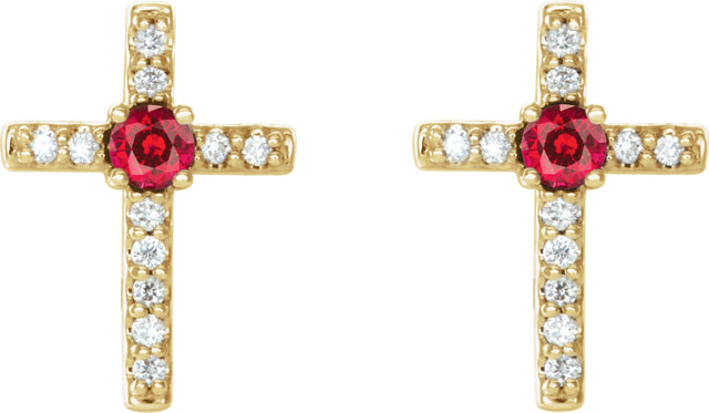 14K Gold Round Natural Ruby Accented Cross Earrings – 1.5-2mm Stones - Yellow Gold - view 2