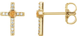 14K Gold Round Natural Citrine Accented Cross Earrings – 1.5-2mm Stones - Yellow Gold