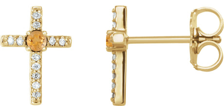14K Gold Round Natural Citrine Accented Cross Earrings – 1.5-2mm Stones - Yellow Gold