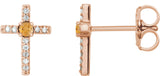 14K Gold Round Natural Citrine Accented Cross Earrings – 1.5-2mm Stones - Rose Gold
