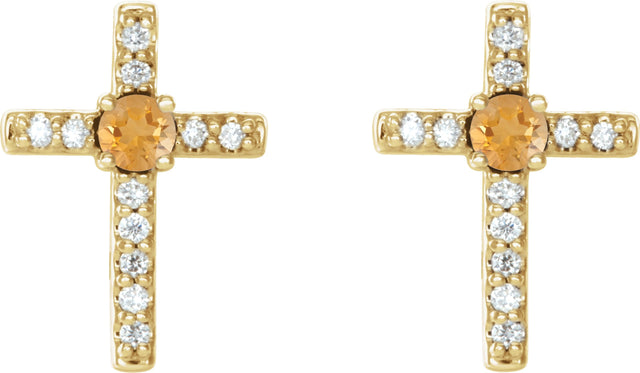 14K Gold Round Natural Citrine Accented Cross Earrings – 1.5-2mm Stones - Yellow Gold - view 2