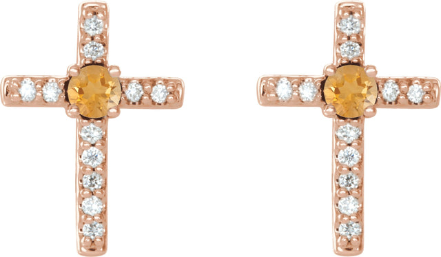 14K Gold Round Natural Citrine Accented Cross Earrings – 1.5-2mm Stones - Rose Gold - view 2