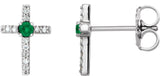 14K Gold Round Lab-Grown Emerald Accented Cross Earrings – 1.5-2mm Stones - White Gold
