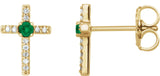 14K Gold Round Natural Emerald Accented Cross Earrings – 1.5-2mm Stones - Yellow Gold