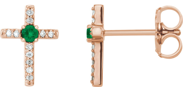 14K Gold Round Lab-Grown Emerald Accented Cross Earrings – 1.5-2mm Stones - Rose Gold