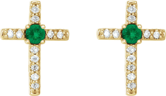 14K Gold Round Lab-Grown Emerald Accented Cross Earrings – 1.5-2mm Stones - Yellow Gold - view 2