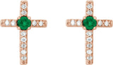 14K Gold Round Lab-Grown Emerald Accented Cross Earrings – 1.5-2mm Stones - Rose Gold - view 2