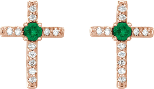 14K Gold Round Lab-Grown Emerald Accented Cross Earrings – 1.5-2mm Stones - Rose Gold - view 2