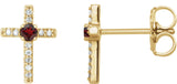 14K Gold Round Natural Mozambique Garnet Accented Cross Earrings – 1.5-2mm Stones - Yellow Gold