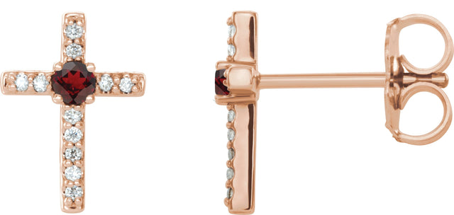 14K Gold Round Natural Mozambique Garnet Accented Cross Earrings – 1.5-2mm Stones - Rose Gold