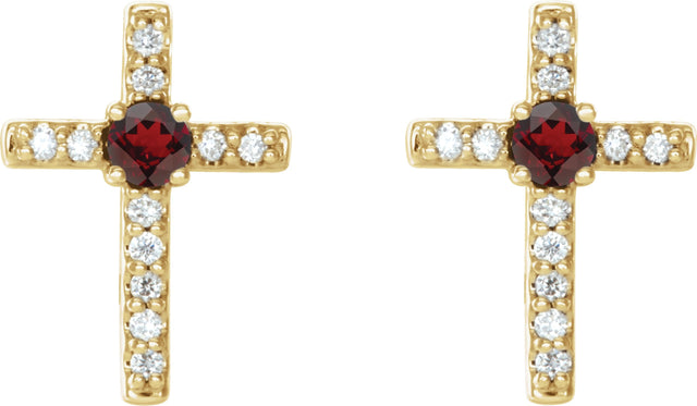 14K Gold Round Natural Mozambique Garnet Accented Cross Earrings – 1.5-2mm Stones - Yellow Gold - view 2
