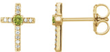 14K Gold Round Natural Peridot Accented Cross Earrings – 1.5-2mm Stones - Yellow Gold