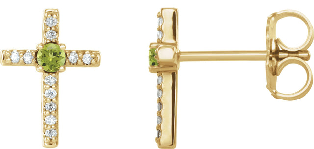 14K Gold Round Natural Peridot Accented Cross Earrings – 1.5-2mm Stones - Yellow Gold