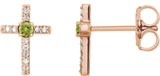 14K Gold Round Natural Peridot Accented Cross Earrings – 1.5-2mm Stones - Rose Gold