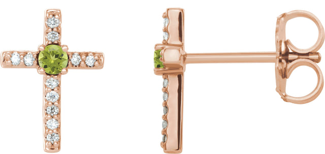 14K Gold Round Natural Peridot Accented Cross Earrings – 1.5-2mm Stones - Rose Gold
