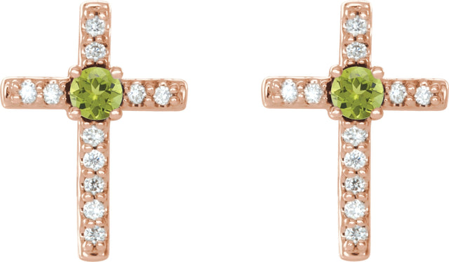 14K Gold Round Natural Peridot Accented Cross Earrings – 1.5-2mm Stones - Rose Gold - view 2