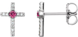 Platinum Round Natural Pink Tourmaline Accented Cross Earrings – 1.5-2mm Stones