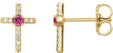 14K Gold Round Natural Pink Tourmaline Accented Cross Earrings – 1.5-2mm Stones - Yellow Gold