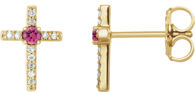 14K Gold Round Natural Pink Tourmaline Accented Cross Earrings – 1.5-2mm Stones - Yellow Gold
