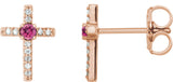 14K Gold Round Natural Pink Tourmaline Accented Cross Earrings – 1.5-2mm Stones - Rose Gold