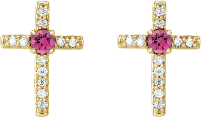 14K Gold Round Natural Pink Tourmaline Accented Cross Earrings – 1.5-2mm Stones - Yellow Gold - view 2