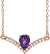 14K Gold Pear Natural Amethyst Accented V Necklace - Rose Gold
