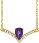 14K Gold Pear Natural Amethyst Accented V Necklace - Yellow Gold