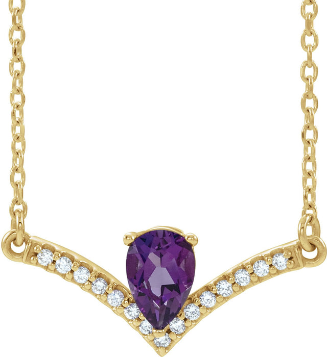 14K Gold Pear Natural Amethyst Accented V Necklace - Yellow Gold