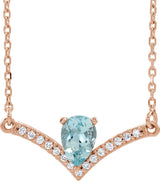 14K Gold Pear Natural Aquamarine Accented V Necklace - Rose Gold