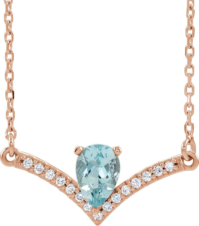 14K Gold Pear Natural Aquamarine Accented V Necklace - Rose Gold