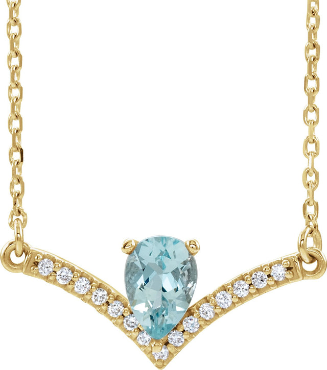 14K Gold Pear Natural Aquamarine Accented V Necklace - Yellow Gold