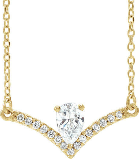 14K Gold Pear Natural White Sapphire Accented V Necklace - Yellow Gold