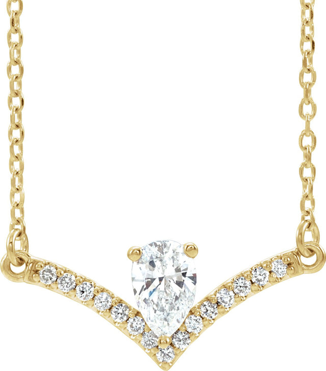 14K Gold Pear Natural White Sapphire Accented V Necklace - Yellow Gold