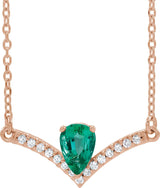 14K Gold Pear Lab-Grown Emerald Accented V Necklace - Rose Gold