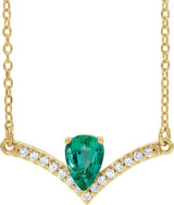 14K Gold Pear Natural Emerald Accented V Necklace - Yellow Gold