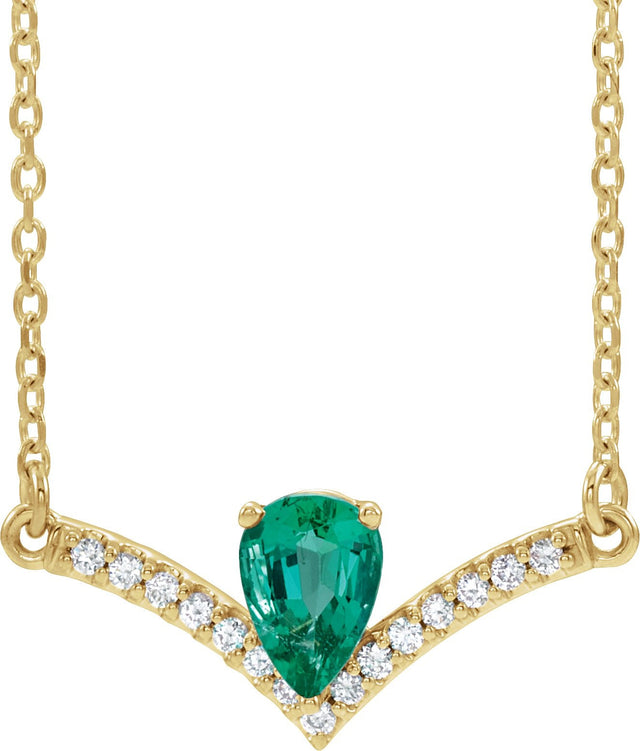 14K Gold Pear Natural Emerald Accented V Necklace - Yellow Gold
