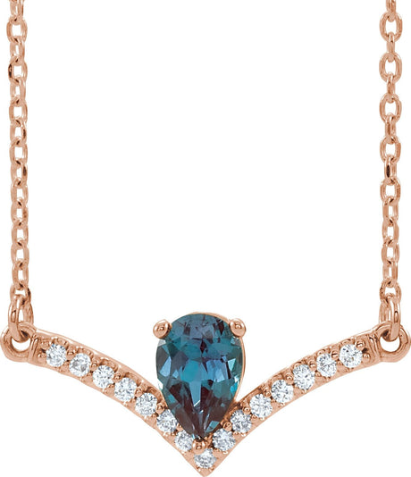 14K Gold Pear Lab-Grown Alexandrite Accented V Necklace - Rose Gold