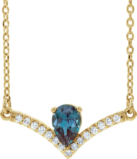 14K Gold Pear Lab-Grown Alexandrite Accented V Necklace - Yellow Gold